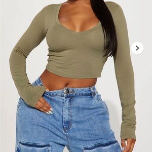 Olive Green Long Sleeve Crop Top